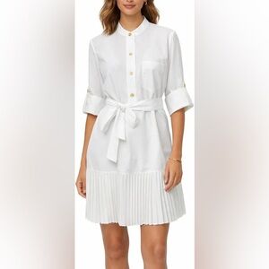 Banana Republic White Pleated Skirt Mini Dress Button Front & Belt Small